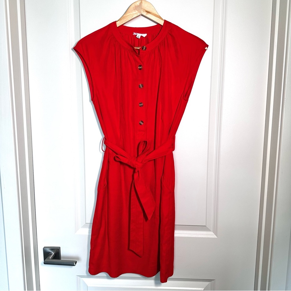 a loves a Red Sleeveless Midi Dress Pockets Waist Tie Button Front